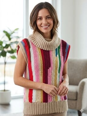 Handmade Crochet Scrap Yarn Sweater Vest – Oversized Cowl Neck Tunic
